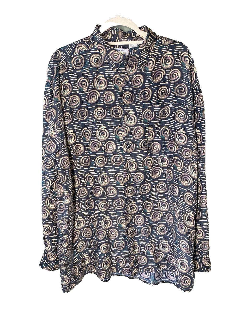 Natural Issue Shirt Mens Large 100% Silk Vintage 90s Abstract Artsy Long Sleeve